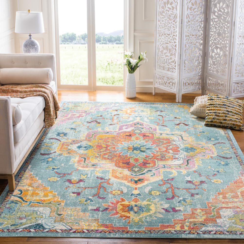 SAFAVIEH Crystal Collection Area Rug – 9′ x 12′, Teal & Orange, Medallion Distressed Design, Non-Shedding & Easy Care, Ideal for High Traffic Areas in Living Room, Bedroom (CRS501J)