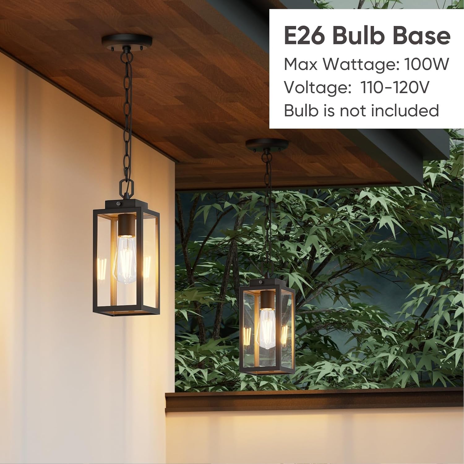 Dusk to Dawn Outdoor Pendant Light, Modern 1-Light Outdoor Hanging Lantern, Matte Black Aluminum with Clear Glass, Exterior Pendant Lighting Fixture for Porch