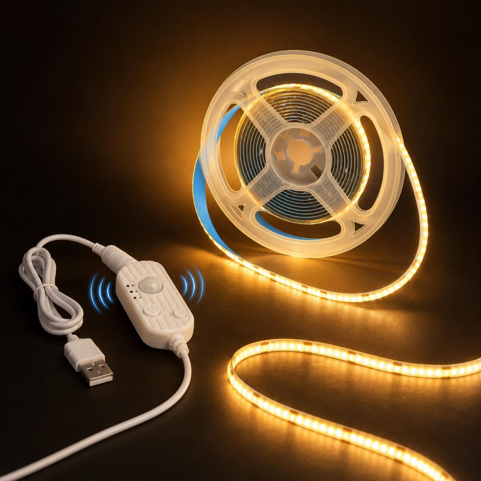 PSTAR COB LED Strip Light 3 m Motion Sensor, 5V Indoor Warm White 2700K Movement Activated Auto ON/Off, 320LED/M, Dimmable LED Tape with 1.5M USB Powered Cable for Stairs Under Bed Cabinet Lighting