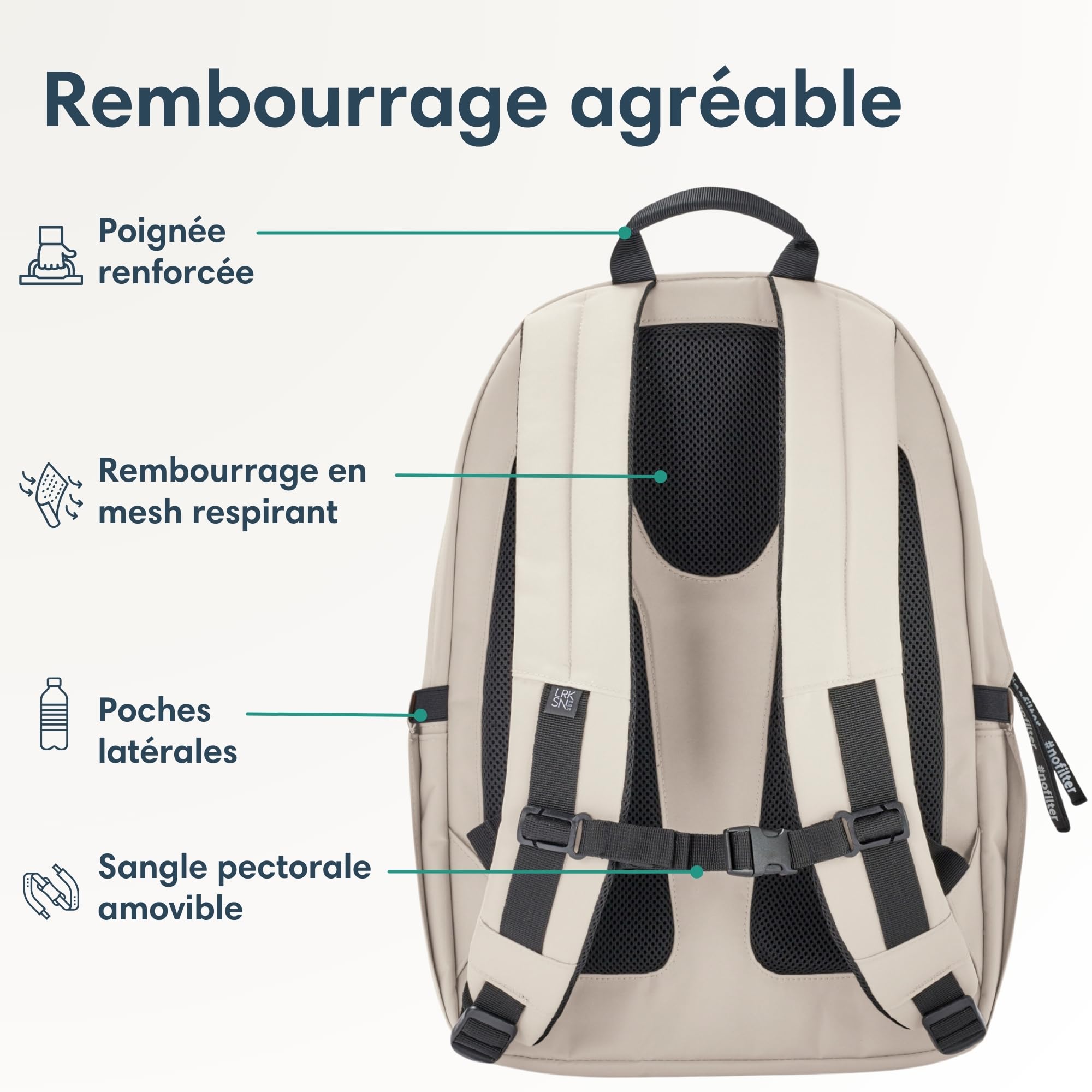 LARKSON Sac à Dos Fille & Garçon Beige - No 3 Advanced - Sac Ordinateur 16" pour Collège, Sport & Voyage - Grand Sac à Dos de Loisirs pour Hommes & Femmes - En PET - Imperméable