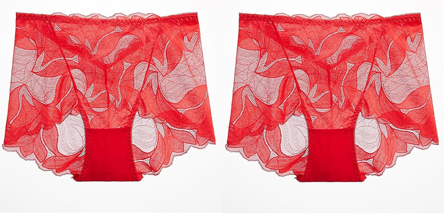 XIRUJNFD Ladies Silk Lace Handmade Underwear Lace Boy Shorts Underwear for Women Lace Panties Lace Underwear for Women 2 Pieces Red XL