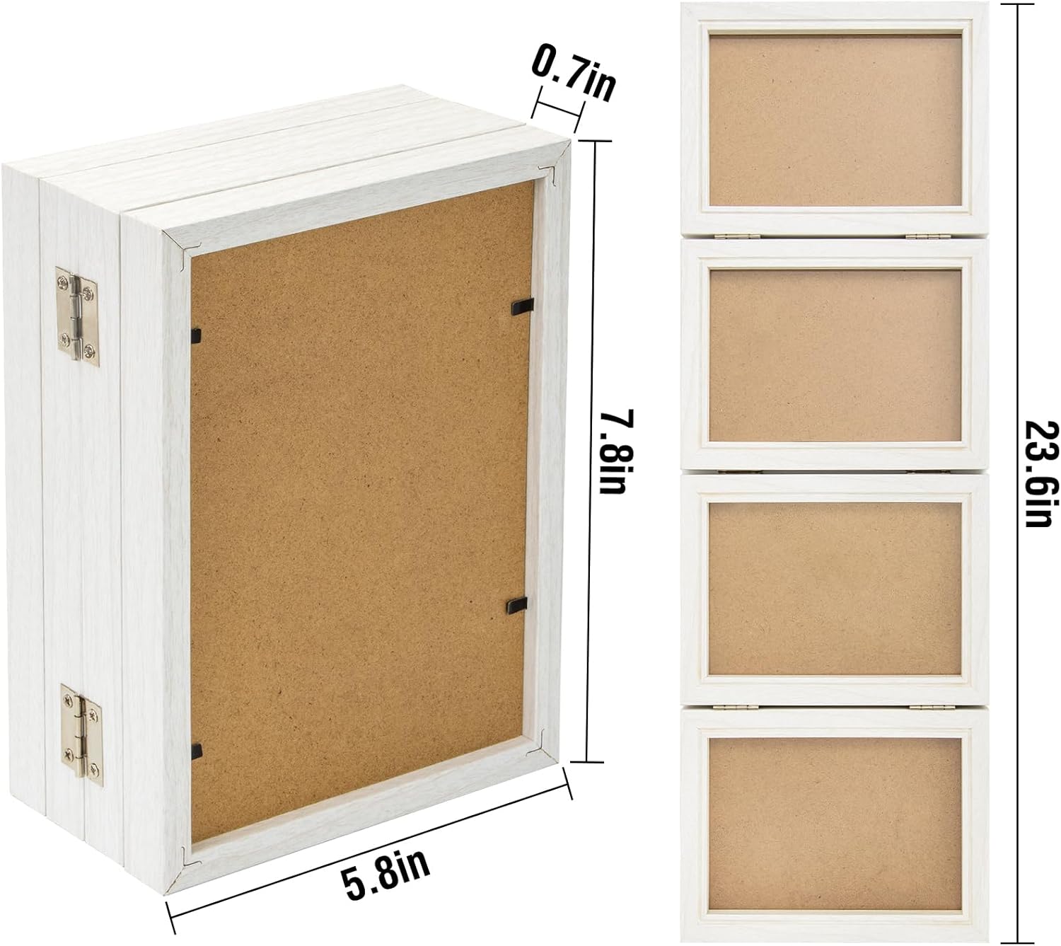 5x7 Four Picture Frame 4 Hinged Photo Frame with 4 Openings, Natural Wood Foldable Photo Frame with High Definition Acrylic for Birthday Father's Day Christmas Gift, Rustic Desk Family Picture Collage, White