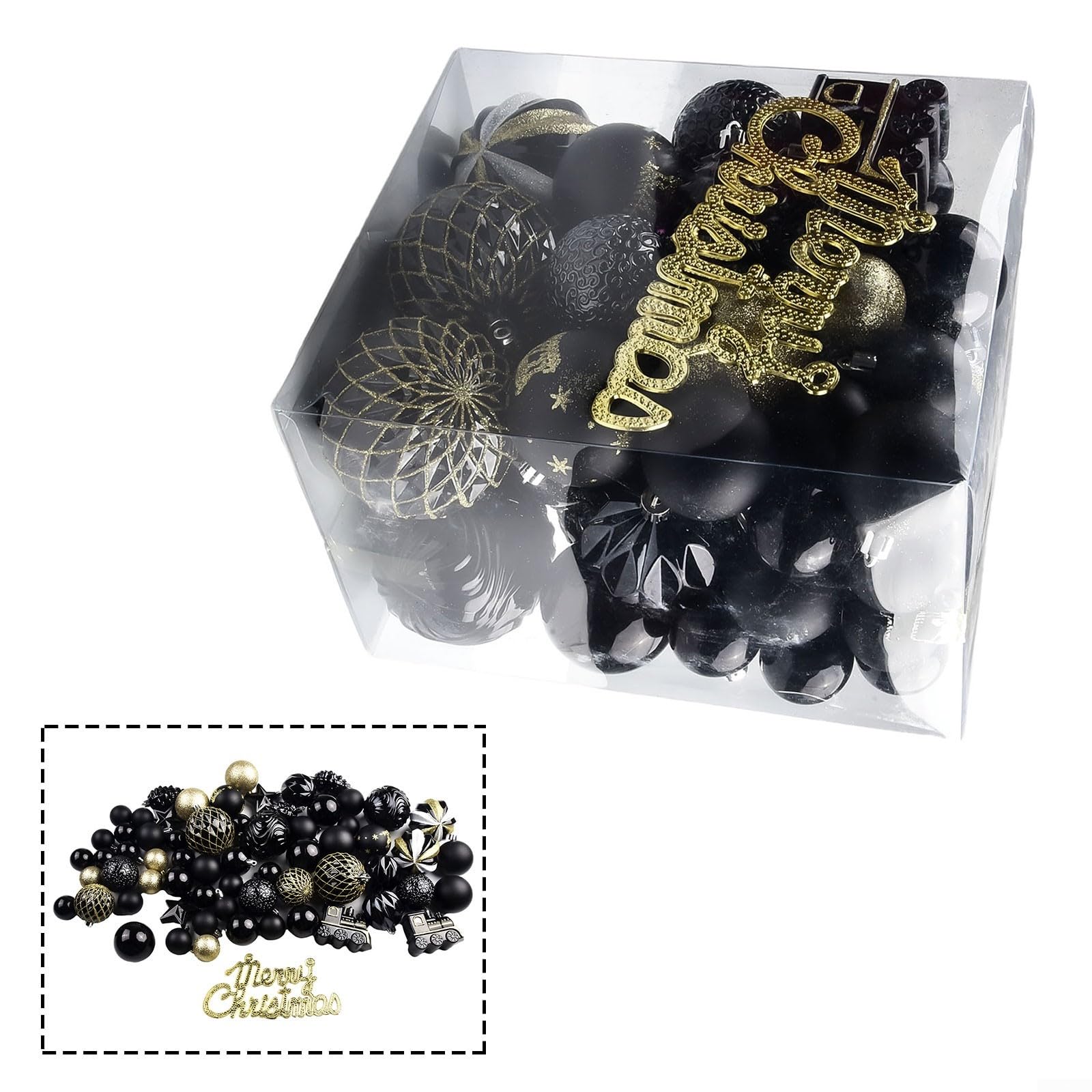 65-teiliges Weihnachtskugel-Ornament-Set, Weihnachtsbaumschmuck, hängende Kugeln, Weihnachtskugel, Dekoration, bruchsicher, Weihnachtsbaumschmuck für Weihnachtsbaum, Hochzeit, Party (Schwarz