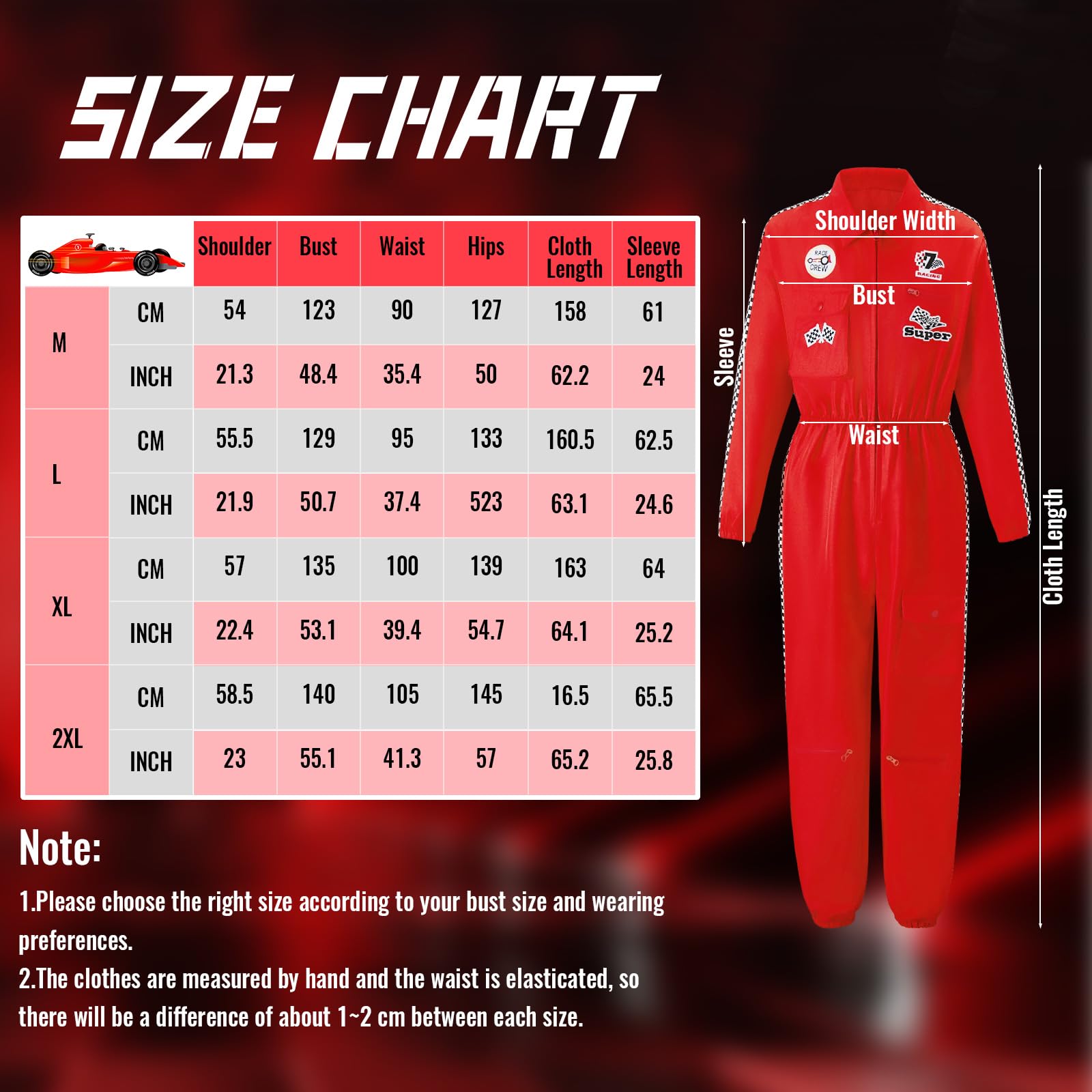 BuzzoXerex Rennfahrer Kostüm Damen, Rennfahrer Anzug Damen mit Handschuhe, Hüte, Sonnenbrille Rennfahrer Kostüm Overall Jumpsuit für Karneval, Party, Cosplay (Rot, M)