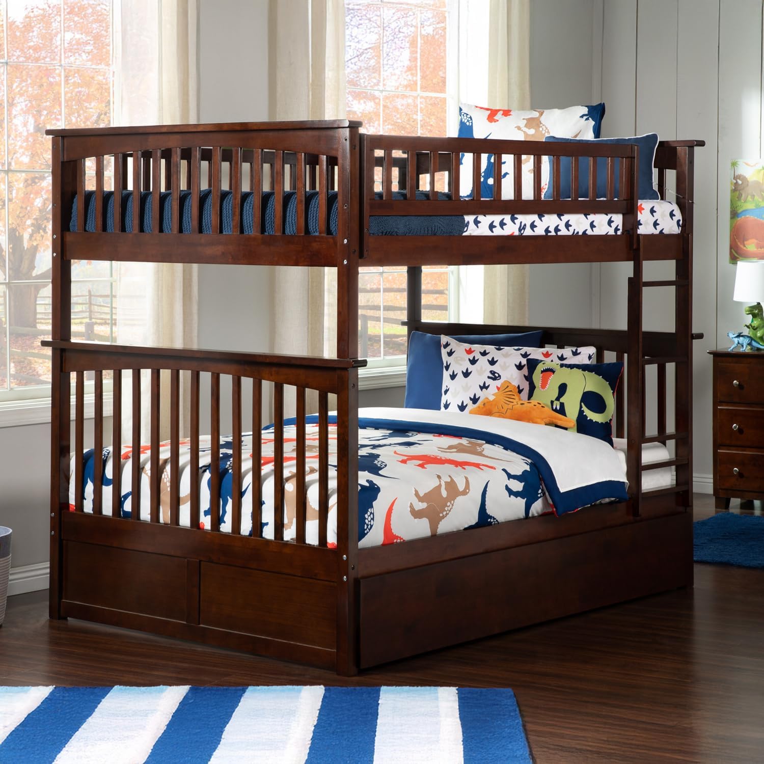 HomeStock Full Over Full Solid Wood Ladder Bunk Bed with Twin Trundle Bed in Walnut