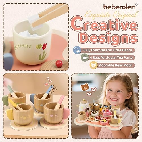 Miniatura 4 de Juego de fiesta de té para niños pequeños de 3 a 5 años, regalo de cumpleaños, juego de simulación, comida de picnic de madera, juguetes al aire