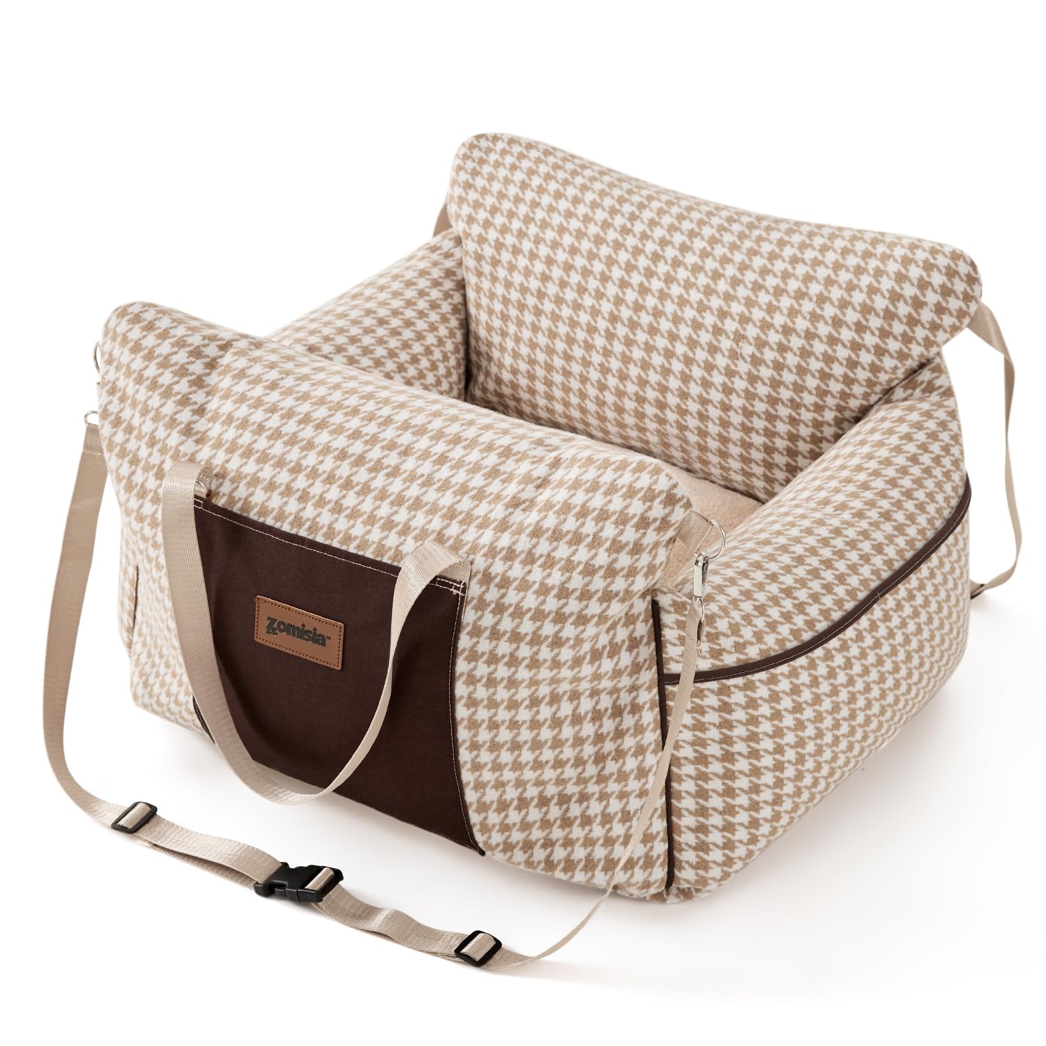 ZOMISIA Dog Car Seat for Small Dogs - Waterproof Pet Booster Seat for Car with Clip-On Safety Leash, Soft Travel Carrier for Puppy up to 25 lbs, Memory Foam Filling & 2 Adjustable Buckles Houndstooth