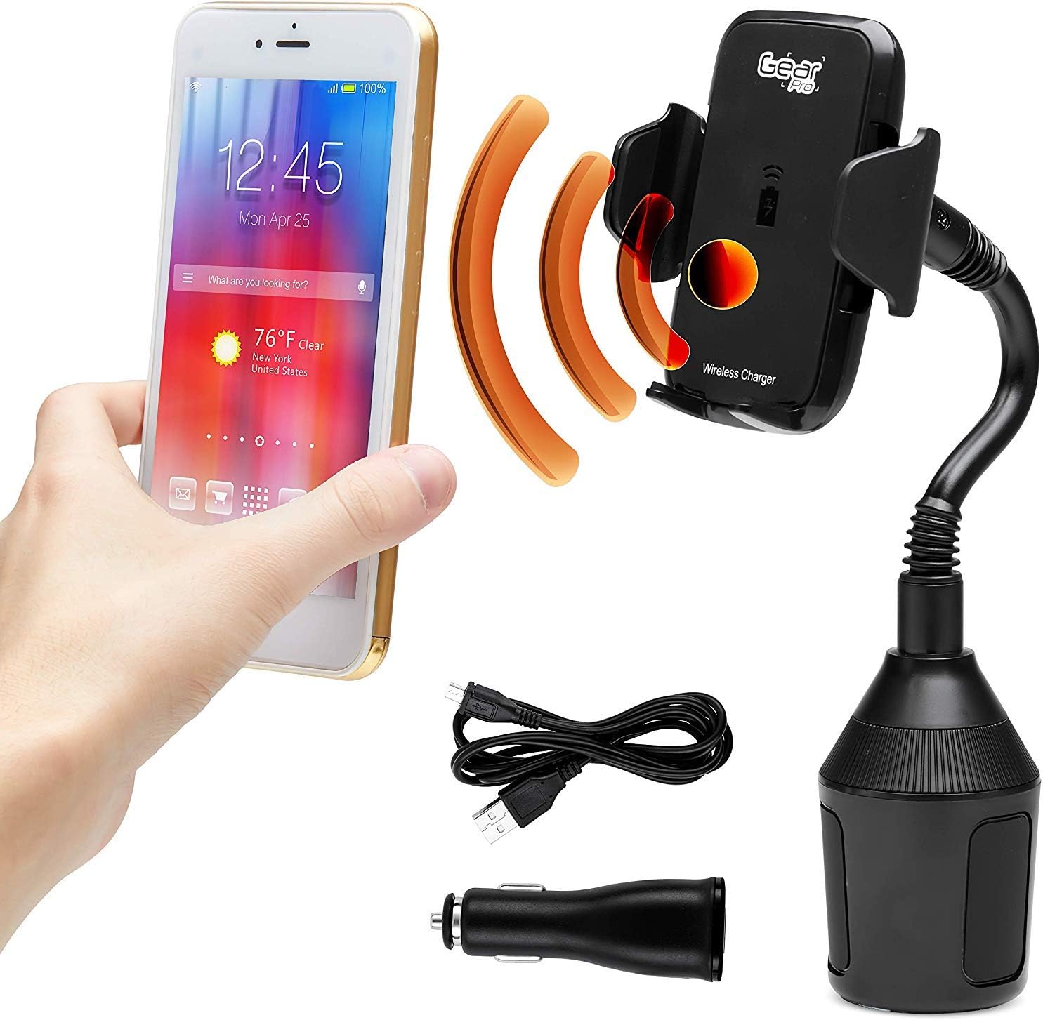 Gear Pro Wireless Phone Car Cup Holder Charger Mount | 360 Degree Fully Adjustable Goose Neck | 10W Qi Fast Charging | Universal Compatible with all Qi Enabled Apple iPhones and Samsung Android Phones