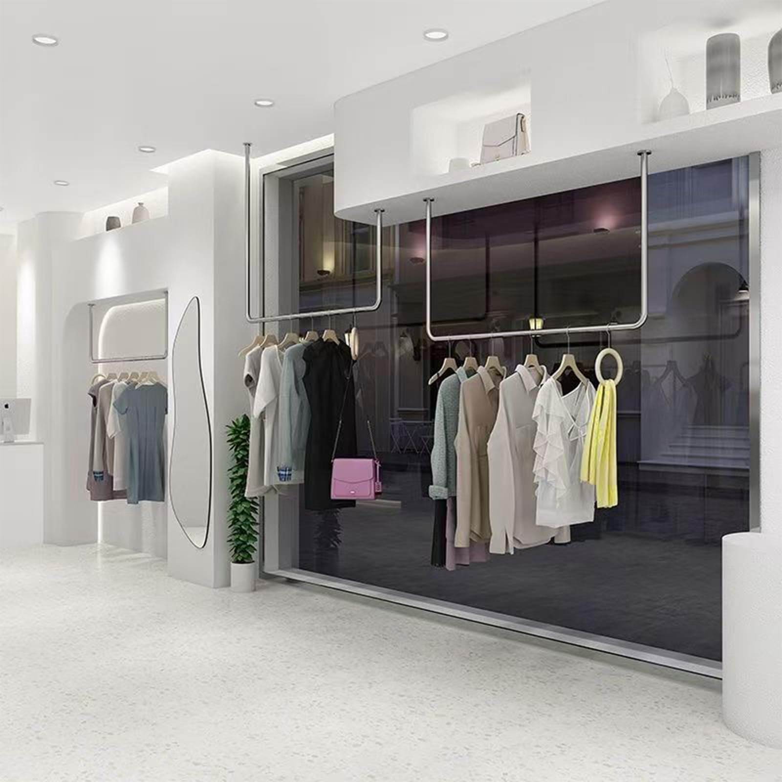 Sklep odzieżowy stojak sufitowy wieszak sufitowy, sprzedaż detaliczna kreatywne półki do przechowywania ubrań ze stali nierdzewnej wieszak na ubrania, butik sklep z ubraniami suknia ślubna