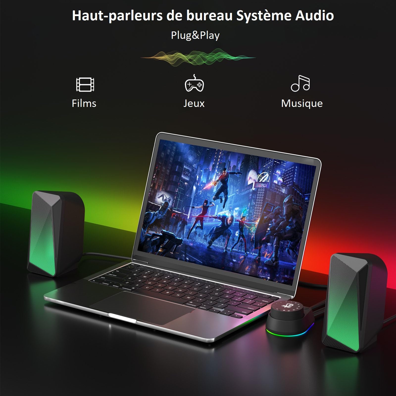 SOULION C30 Enceintes PC Bluetooth pour Bureau, Écran, Portable, Gamer | Haut Parleur Stéréo 2.0, Bluetooth 5.1, Entrée Auxiliaire 3,5 mm, Alimentation USB, éclairage LED Coloré, 1 paire