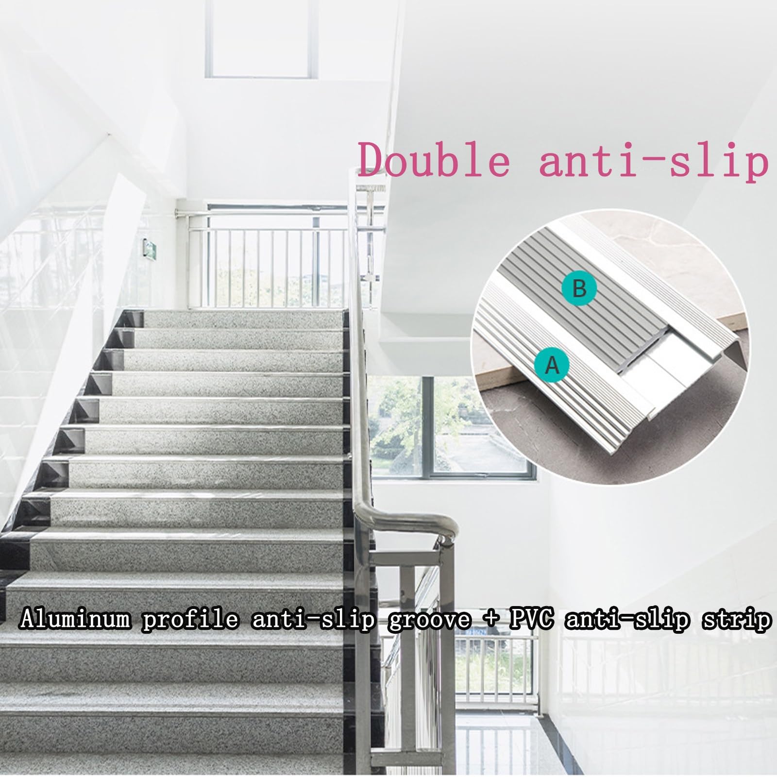 Tira De Escalera Antideslizante Aleación Aluminio, Tipo L Tira Antideslizante, Tira Del Piso Tira Impermeable, Doble Antideslizante, Proceso De Anodizado, Apto para Escaleras Interiores Y Exteriores (