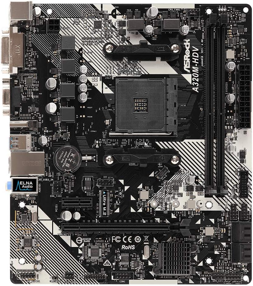 Asrock A320M-Hdv R4.0, Am4, Matx, 2 Ddr4 3200+(Oc), Usb3, Vga, Dvi-D, Hdmi, M.2 Multi-Coloured