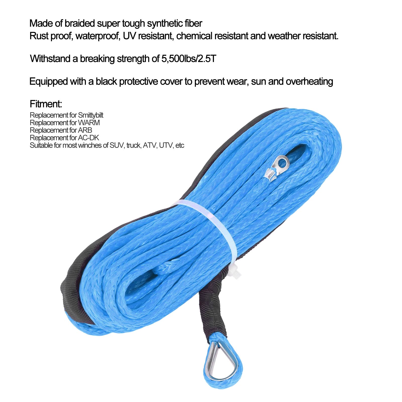 Fydun Corde de Câble de Ligne de Treuil Fibre Synthétique Résistance à la Rupture de 5500 LB 4.8mmx15m pour SUV UTV ATV Treuils Camion Bateau(Bleu)