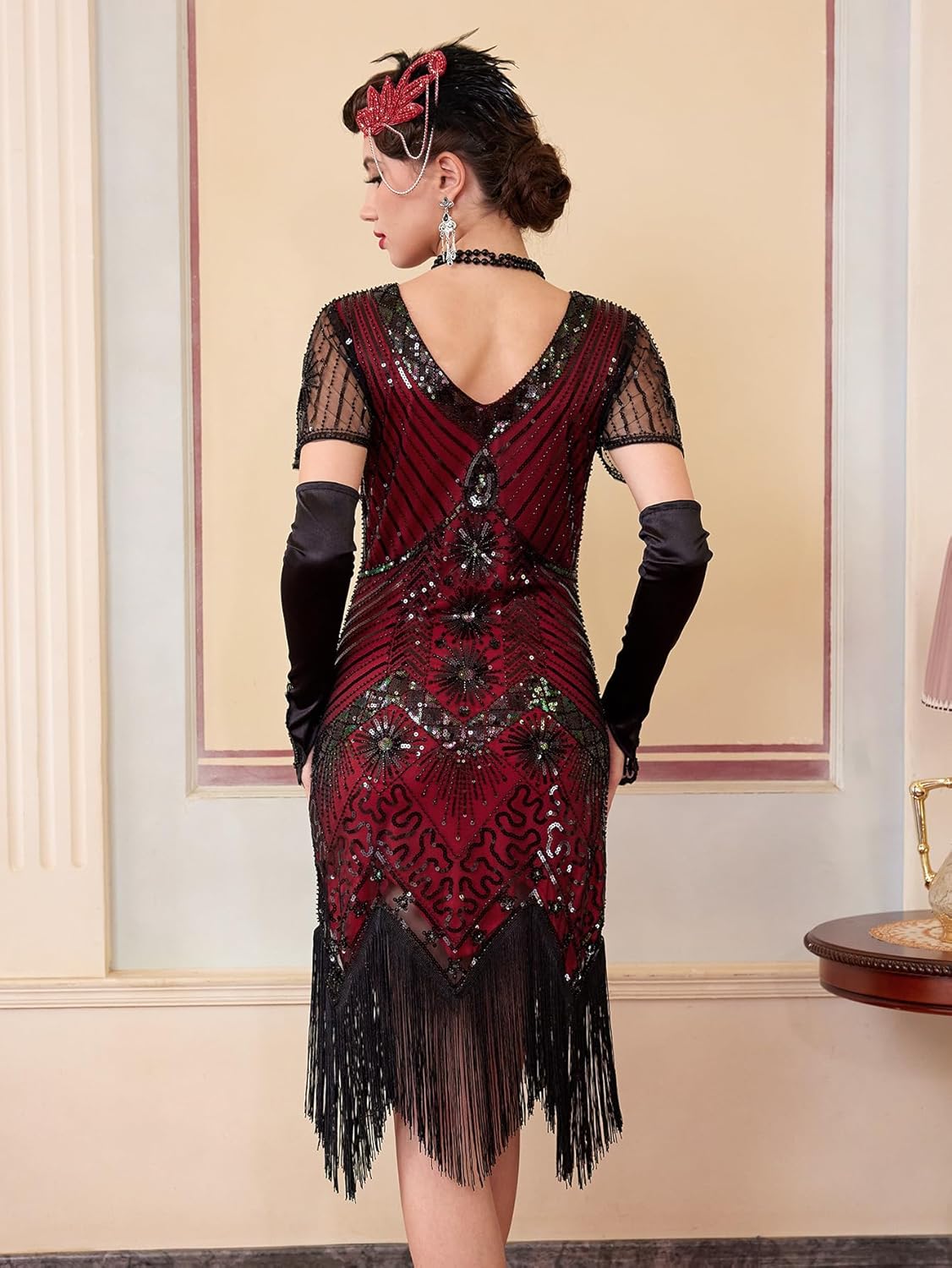 1920s Flapper Dresses for Women, Great Gatsby Dresses Roaring 20s, Sheer Beaded Sleeves Costume with 20s accessories - Image 3