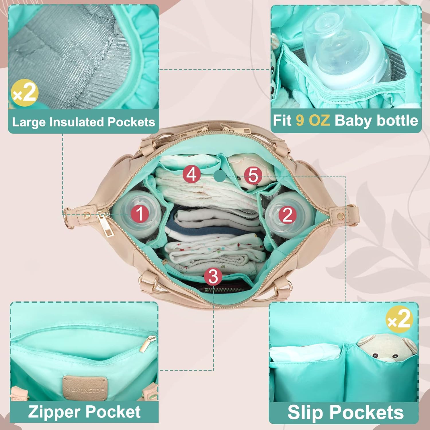 MOMINSIDE Small Leather Diaper Tote, Crossbody Bag with 13 Pockets, Insulated for Women Mom (Ivory) - Image 4