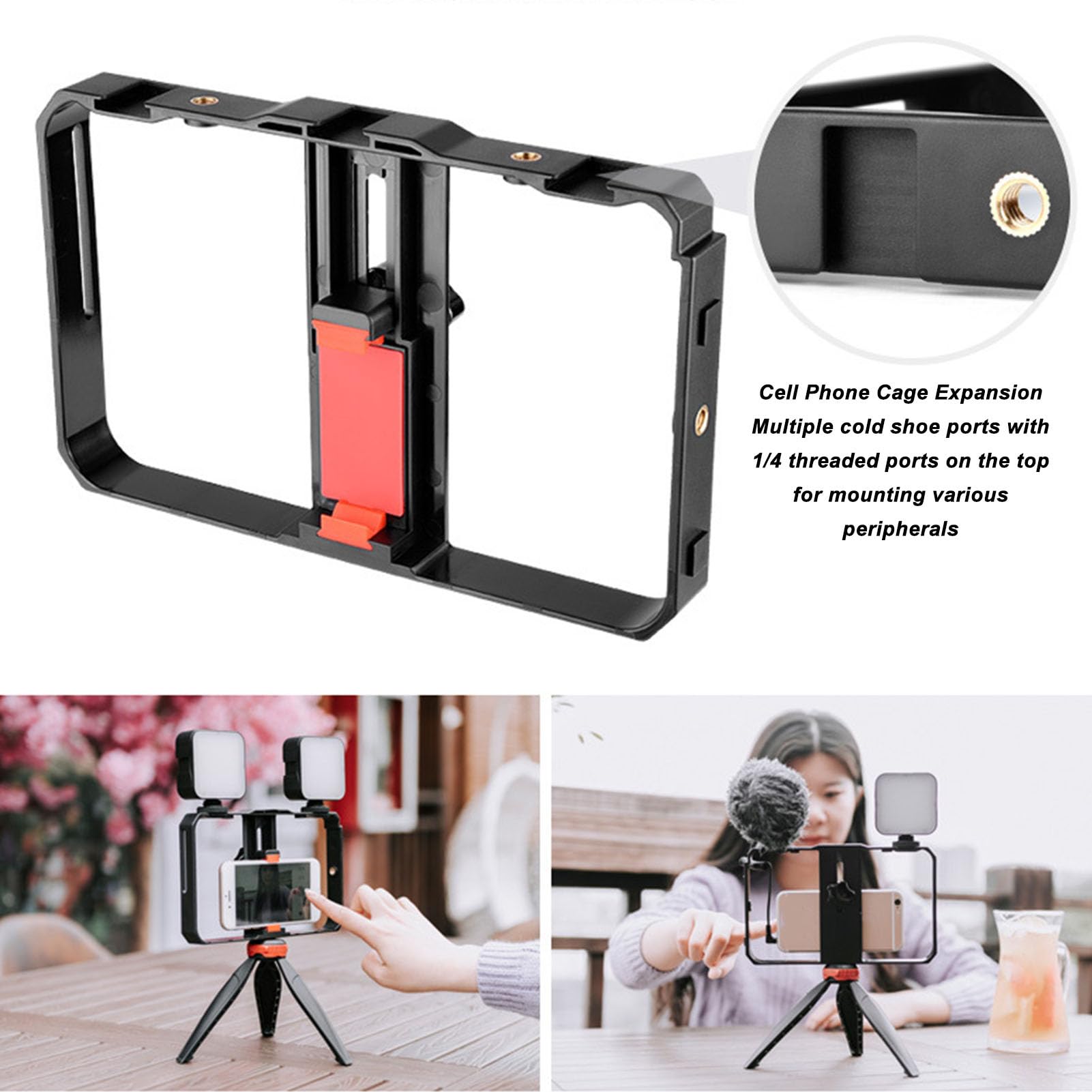 Kit en Vivo de Jaula para Cámara, Kit Universal de Plataforma de Video para Teléfono Inteligente y Cámaras, Plataforma Estabilizadora de Teléfono con Mango Lateral de Luz LED de