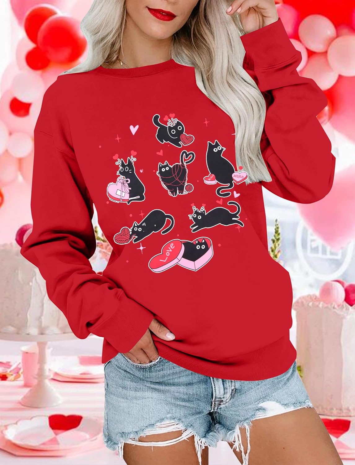 FLOYU Cat Valentine Sweatshirt Women Valentine Sweatshirts Pullover Cat Lover Gift Tops Valentine's Day Romantic Sweater - Image 3