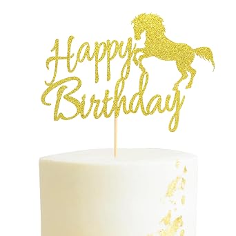 Horse Happy Birthday Cake Topper, Horse Racing Theme Birthday Party Decoration for Boys Girls Men Women, Kids Birthday Party Decoration Supplies-Gold Glitter