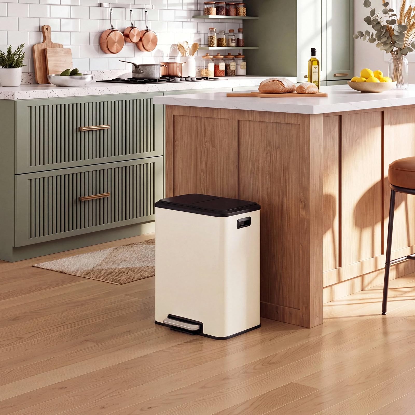 LIFERUN Mülleimer 2 Fächer, Mülltrennsystem 2 x 15 L,Sandbeige | Abfalleimer Küche aus Edelstahl, Softclose Deckel, Inneneimer Abnehmbar mit Griffe,Doppelfach Treteimer,für Single-Wohnung