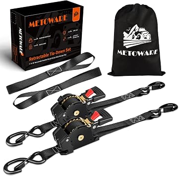 METOWARE Retractable Ratchet Straps 2-Pack - 1 in x 10 Ft 1500lb Break Strength - Heavy Duty Auto Self Retracting Tie Down Straps for Truck, Trailer, Cargo Van, Motorcycle - Black