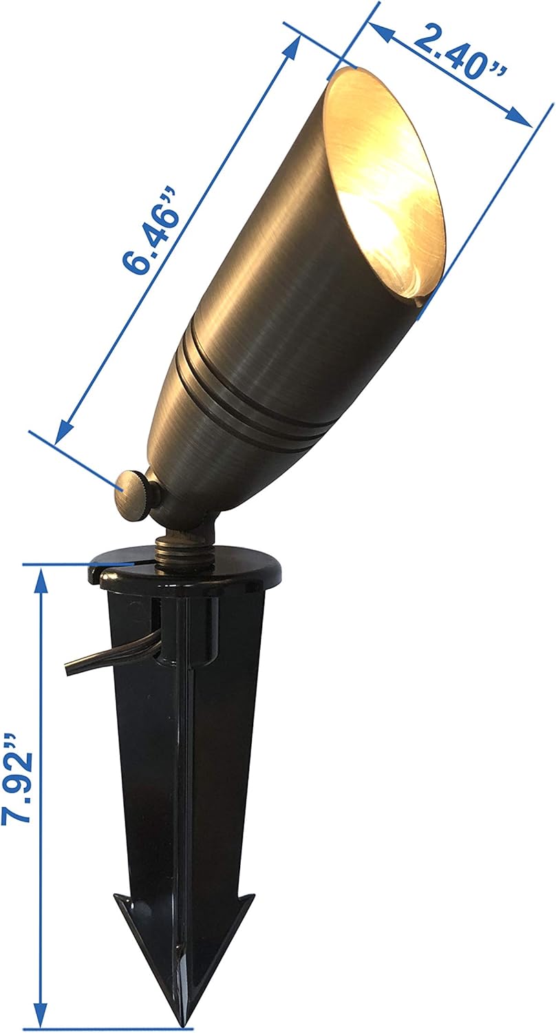 GKOLED UL Listed Solid Brass Landscape Spotlight, Low Voltage Outdoor Directional Uplight, with 5W MR16 LED Bulb & Large Rugged Slot Spike, 12V AC/DC Garden Patio Spot Up Light - - 