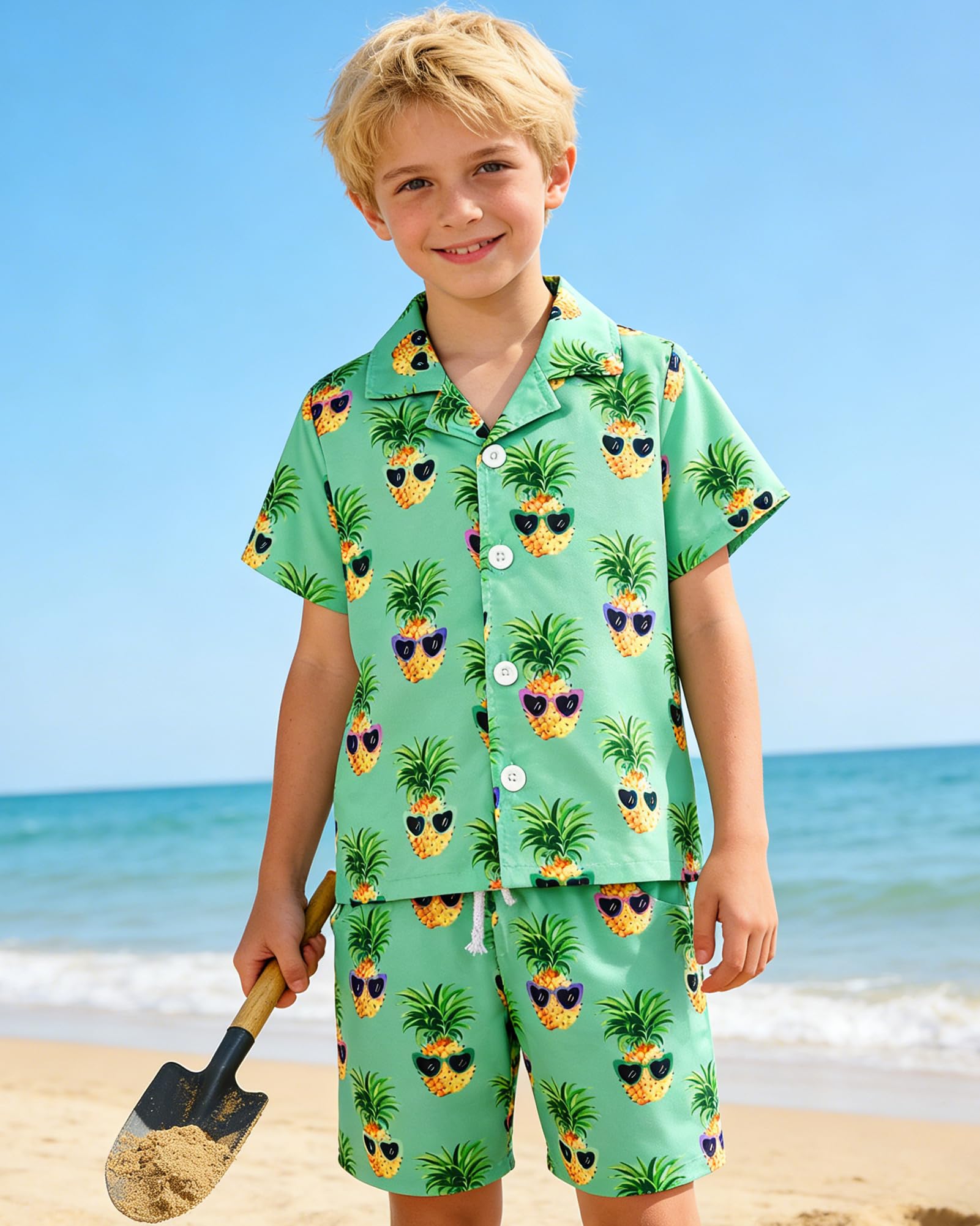 Zoerea Completo Hawaii Ragazzo, Set 2 pezzi Camicia + Pantaloncini, Camicia da Spiaggia con Bottoni + Pantaloncini per Bambini 4–10 Anni