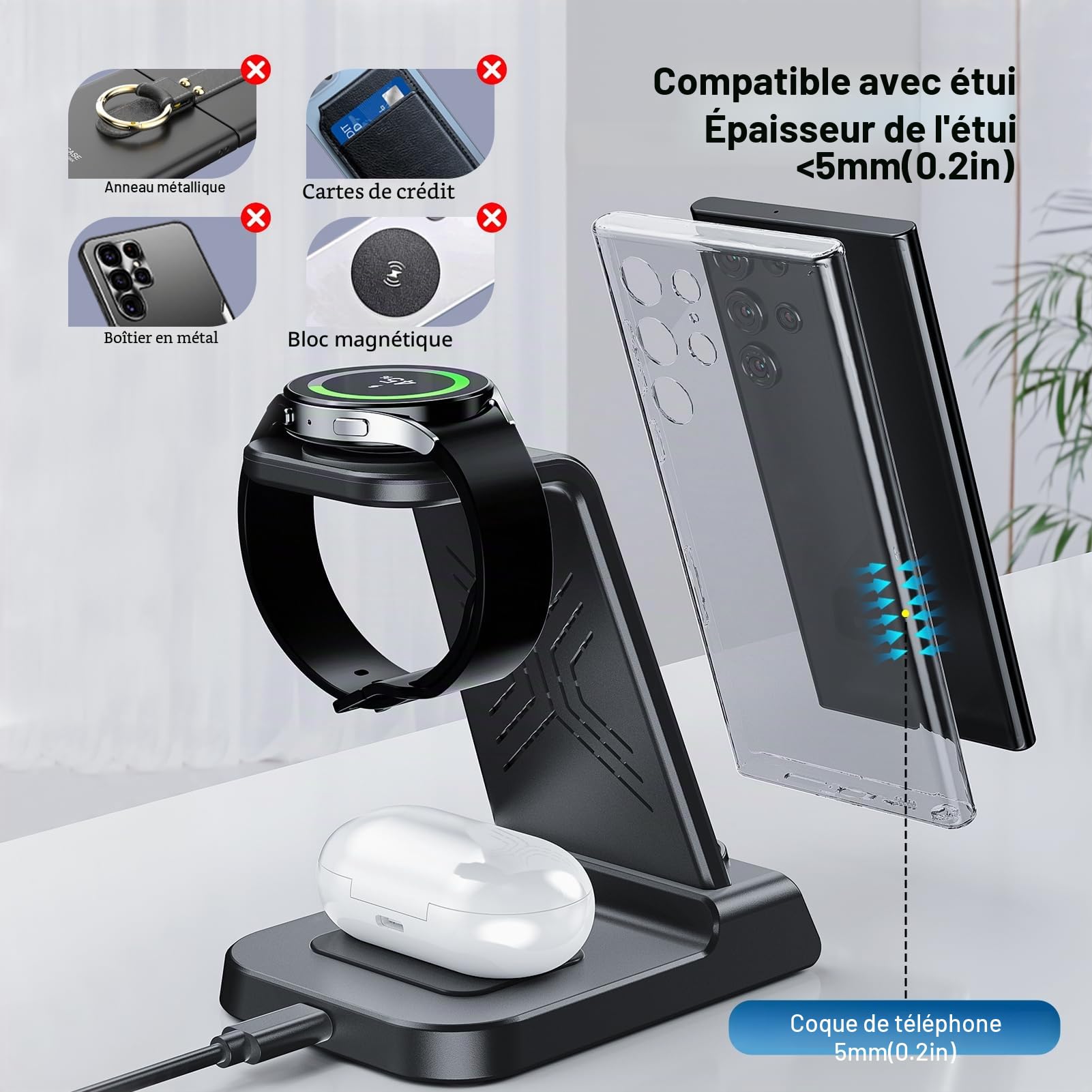 Chargeur Induction pour Samsung S26 Ultra, Station de Charge 3 en 1 pour Samsung S26+/S25 Ultra/S24/S23/Z Flip 7/Z Flod 6, Chargeur sans Fil pour Galaxy Watch 8/Ultra/7/6/5, Galaxy Buds (No Adapter)