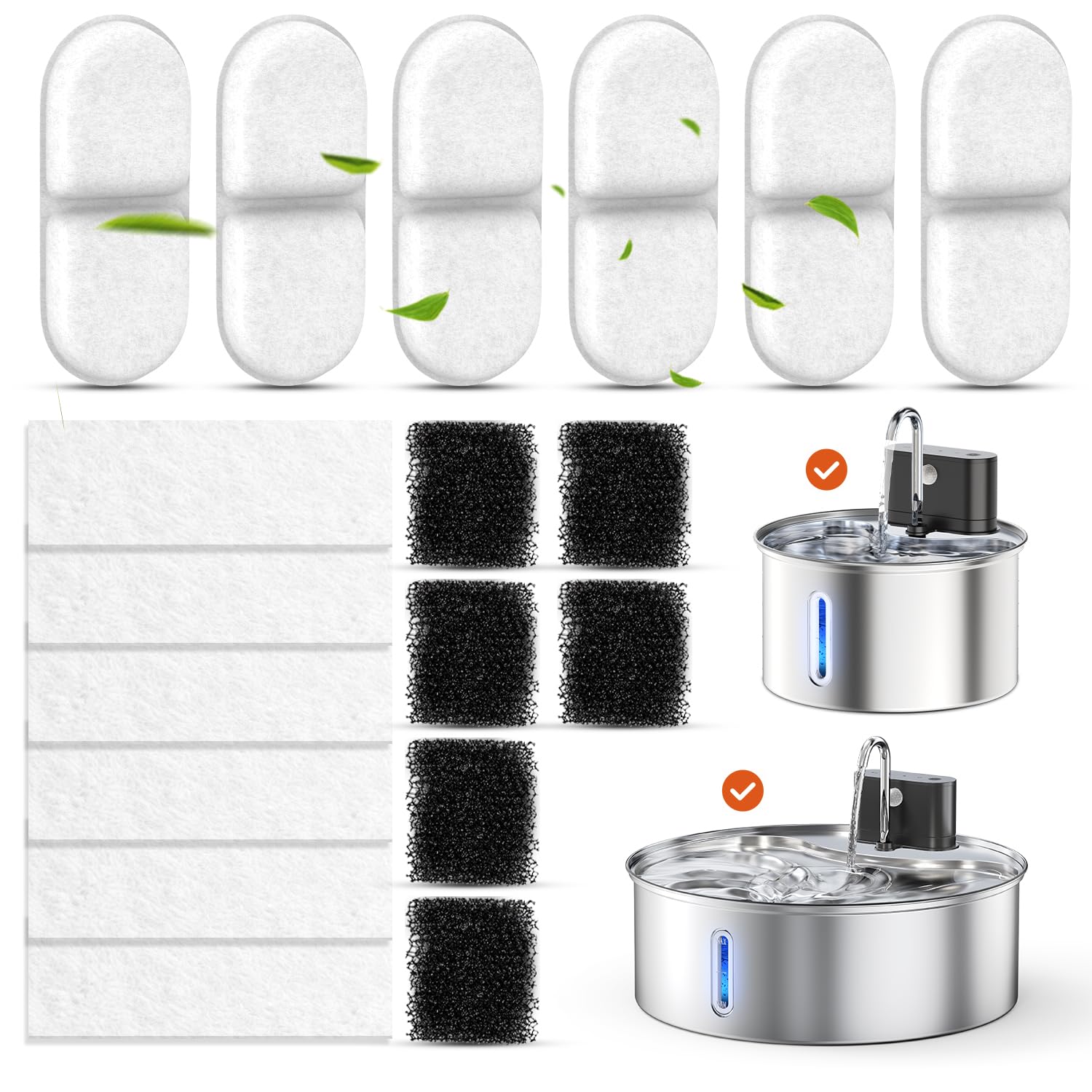 CityFlee Cat Water Fountain Filter Replacement,18 Pcs(6 Carbon+ 6 Sponge+ 6 Cotton) for Pets Automatic Water Dispenser for Dogs, Compatible with 2.2L/3L/3.2L/3.5L/12L Stainless Steel Cat Fountains
