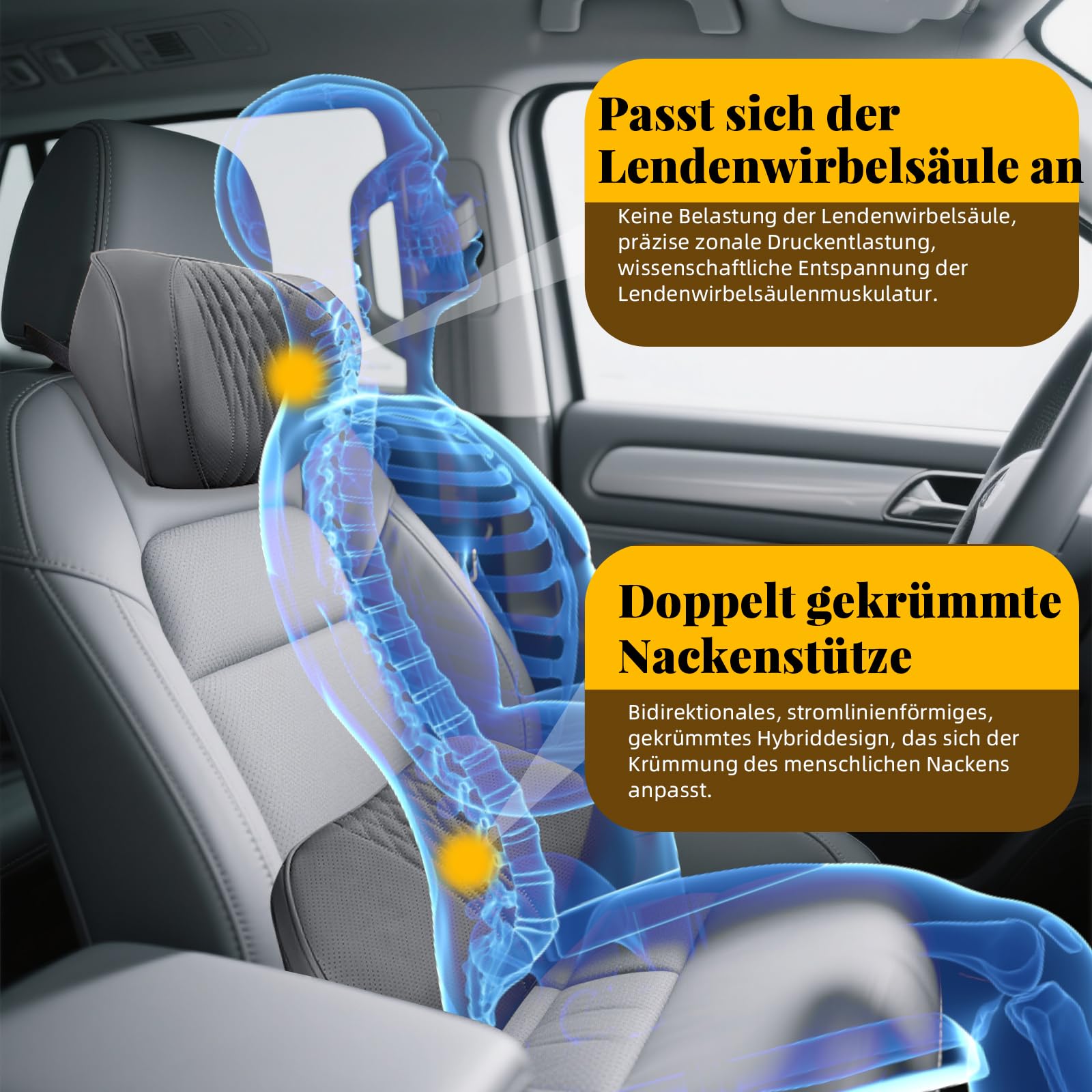 Auto Nackenkissen und Lendenkissen Set Memory Foam, Rückenkissen Auto Kopfstütze, Atmungsaktiv, Weich und Bequem für lindert Rückenschmerzen und Lordosenstütze (Schwarz)
