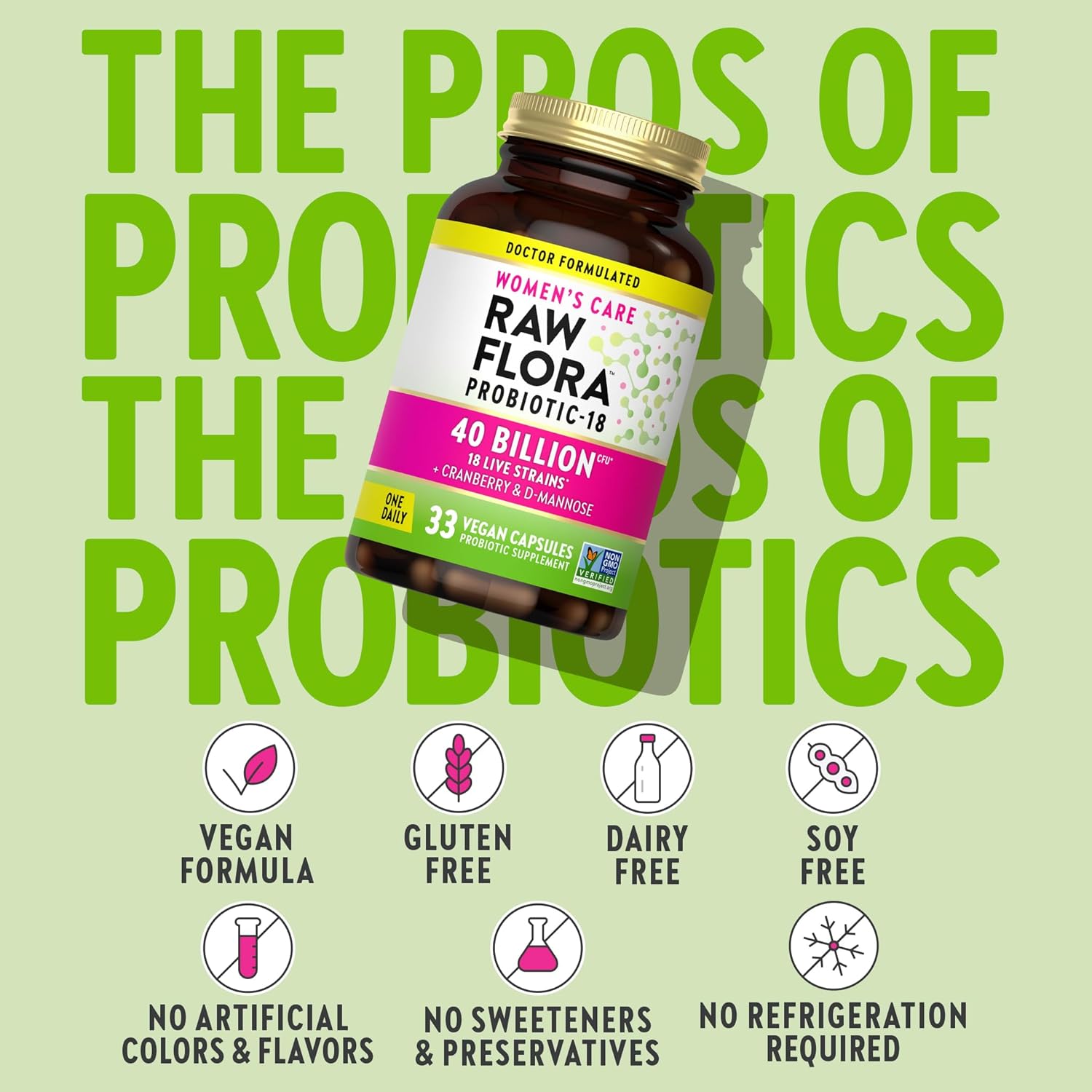 Raw Flora Women's Probiotics | Dr. Formulated 40 Billion CFU + Prebiotics | Digestive, Vaginal & Urinary Support | 33 Vegan Capsules with Cranberry & D-Mannose | Shelf Stable