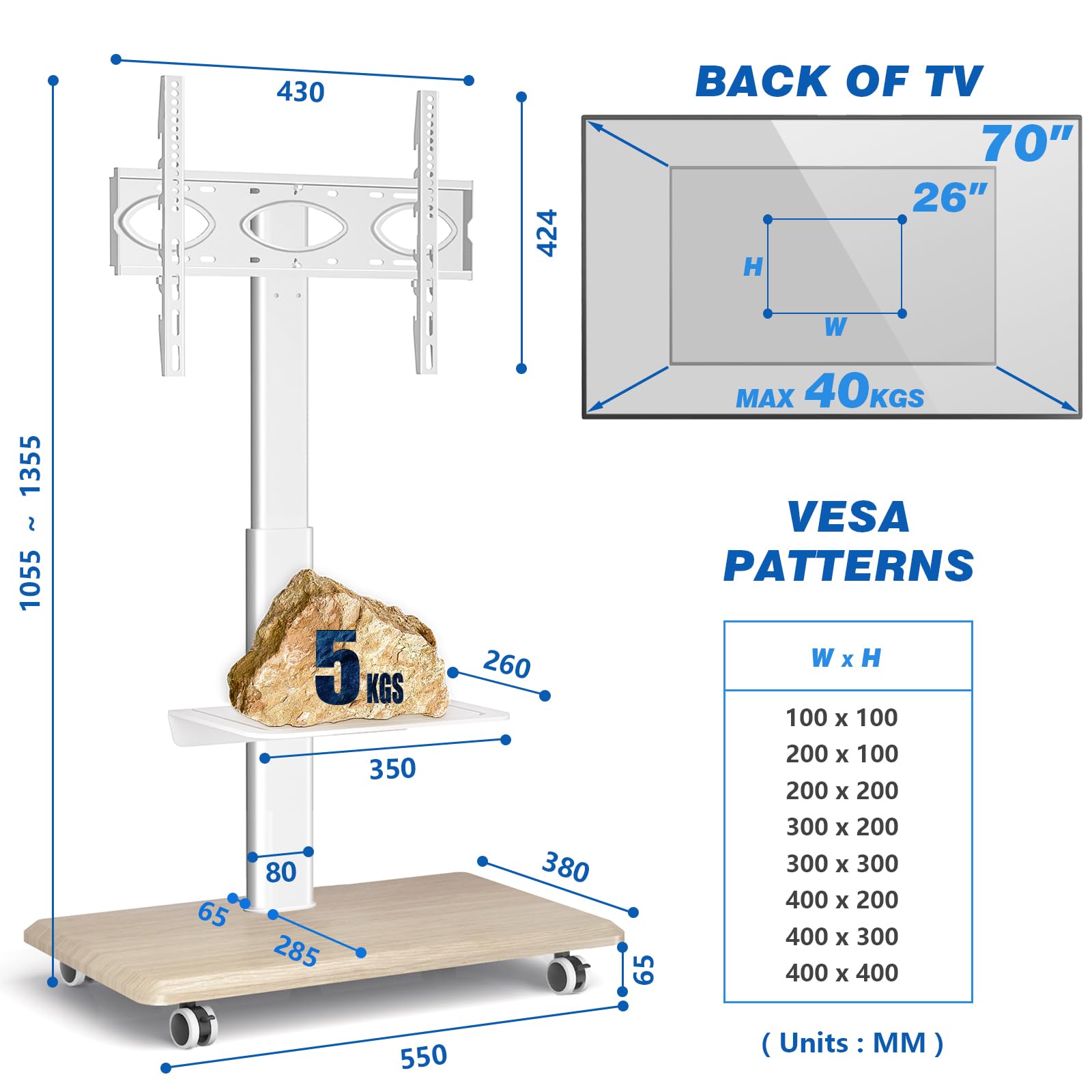 RFIVER Supporto TV da Pavimento con Ruote per Schermo 27-70 pollici LED LCD Plasma Porta TV Mobile Carrello Girevole/Regolabile in Altezza/con 2 Ripiani