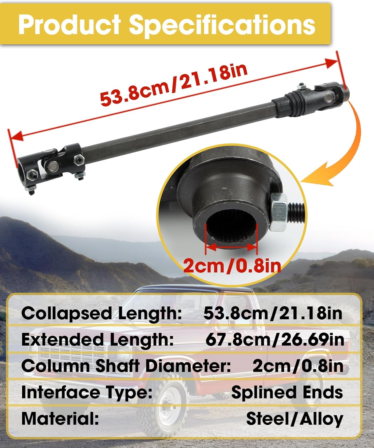 21 Inch Telescoping Steering Shaft Replace 000980 Fit for Ford Bronco F-100 F-150 F-250 F-350 F-SuperDuty 1980-1991, Telescopic Intermediate Column Assembly with 2 Billet Steel Universal Joints