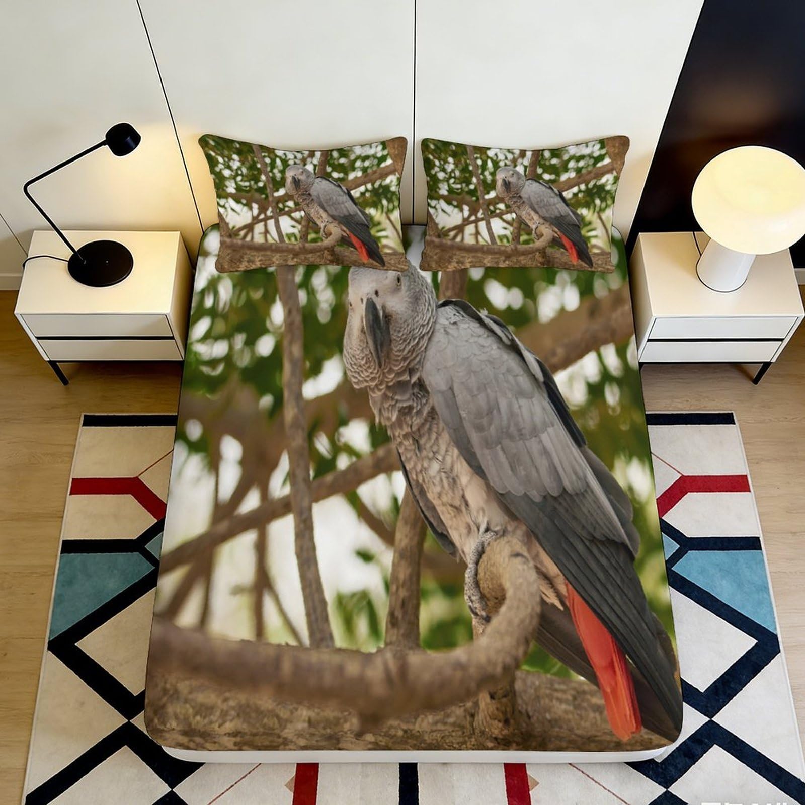 3D Printed Parrot Fitted Sheet Microfiber Deep Pocket Non-Slip Parrot Mattress Fitted Cover Elastic Hem Bedroom Bedding 180x200x25cm