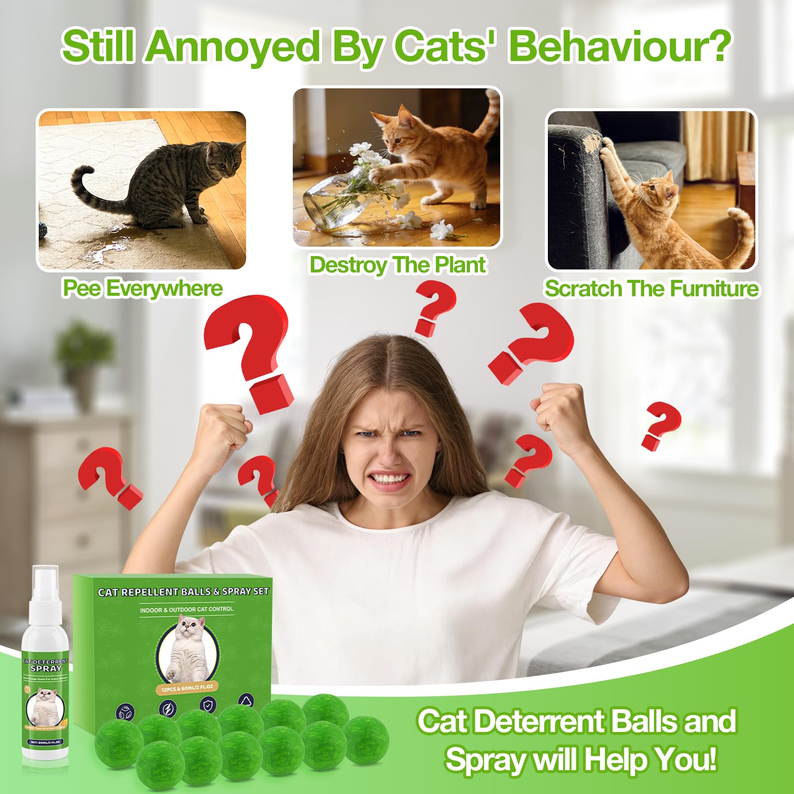 Katzenabwehrball & Spray, 60 ml Natürliches Pfefferminzöl-Abwehrspray für Katzen & Hunde draußen & drinnen, 12er-Pack ätherischen Ölbällen, hält Katzen von Garten und Möbeln fern