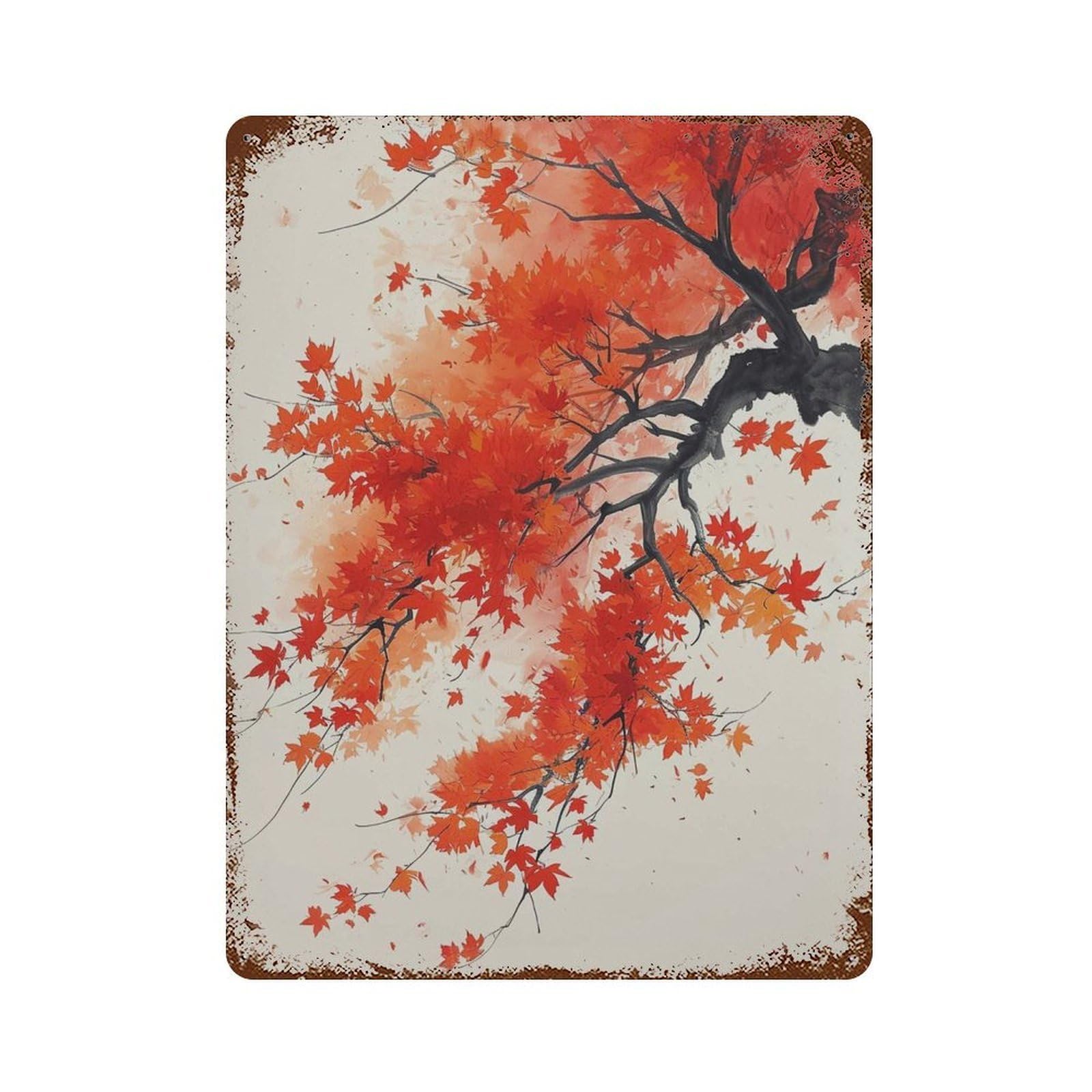xiaoxiaoshen Japanese Maple Autumn Leaves Red Orange Foliage Asian Nature Painting Zen Botani Wall Decor Art Metal Tin Poster Modern Home Decor Art Home Bar Shop Decorations Vintage Sign 40x30cm