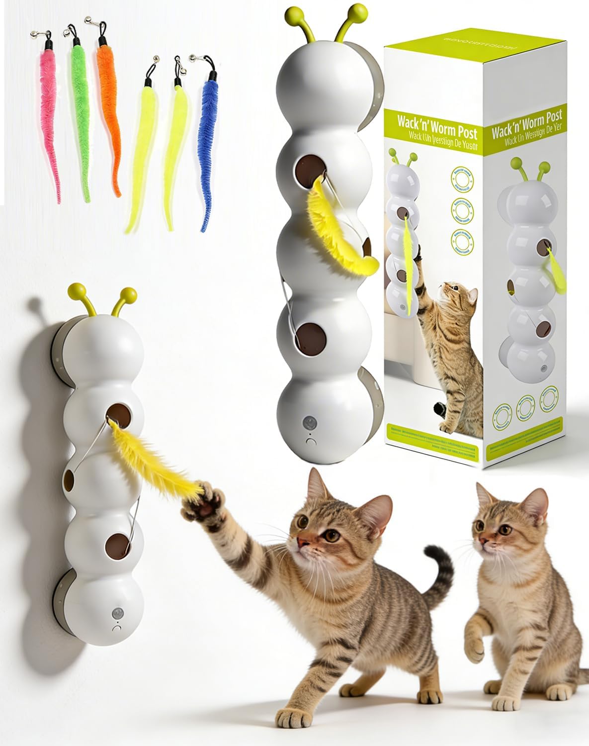 Smart Motion Cat Toy with Worm Design, Prey Simulation Motion Light-Sensing Smart Start/Stop with Suction Cup Interactive Caterpillar Cat Toy, wack a Worm with USB for Cat Mental Physical