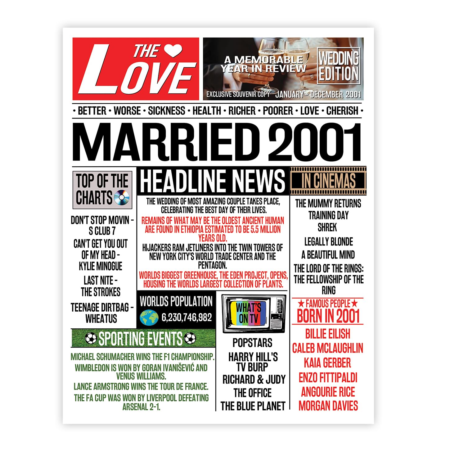Stuff4 Women's 2001 25Th Anniversary Poster Unframed, Married In Newspaper