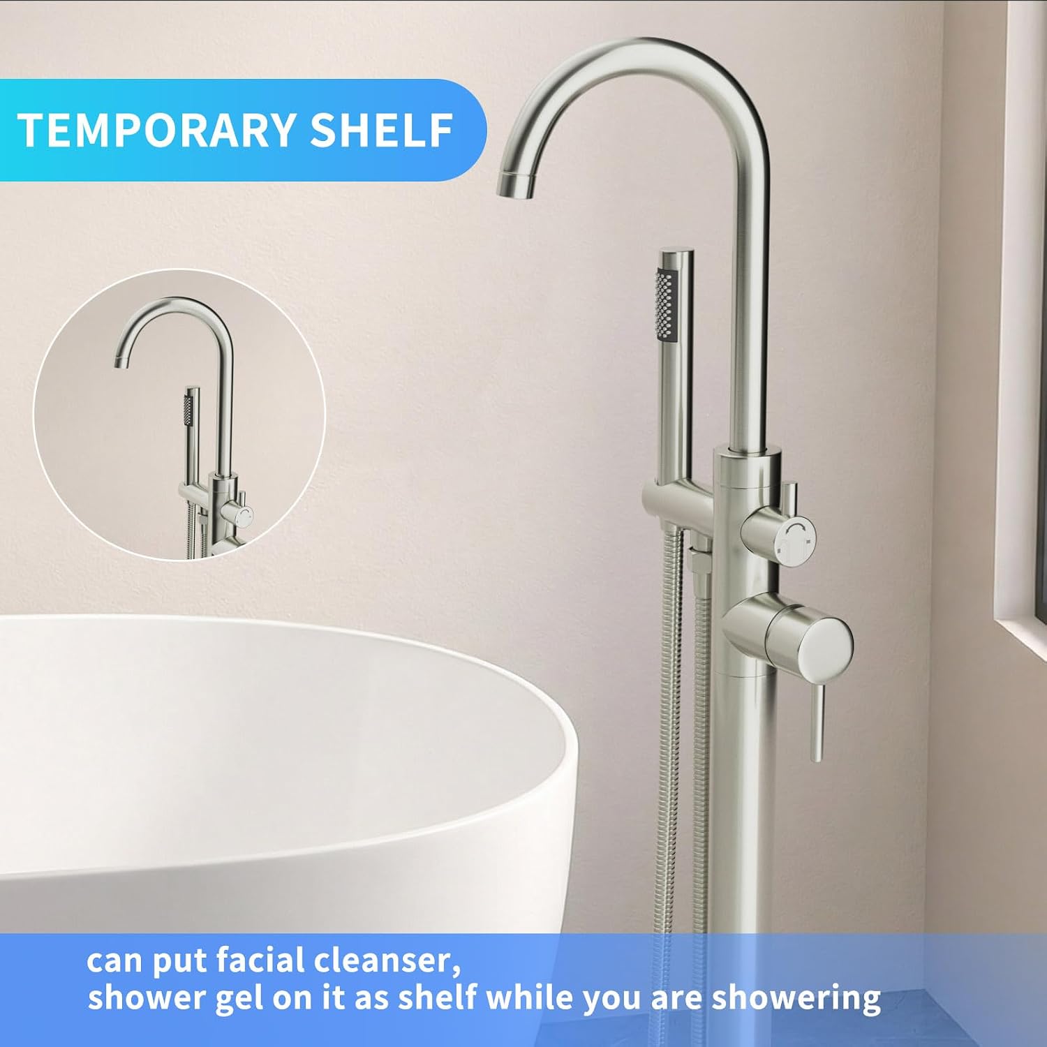 Freestanding Tub Filler Brushed Nickel Floor Mount Bathtub Faucet Bathroom,Rough-in Valve 2 Function Handshower for Tub Rinsing Bathing,Anti-Wobble Base,Cylinder Handheld