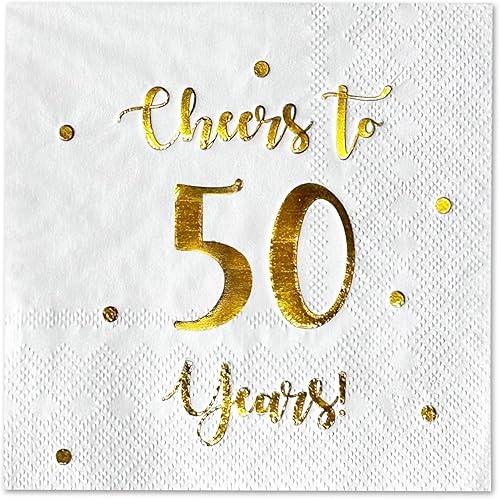 Servilletas de cóctel de Cheers to 50 años, decoraciones de feliz cumpleaños número 50 para hombres y mujeres, decoraciones de aniversario de boda,