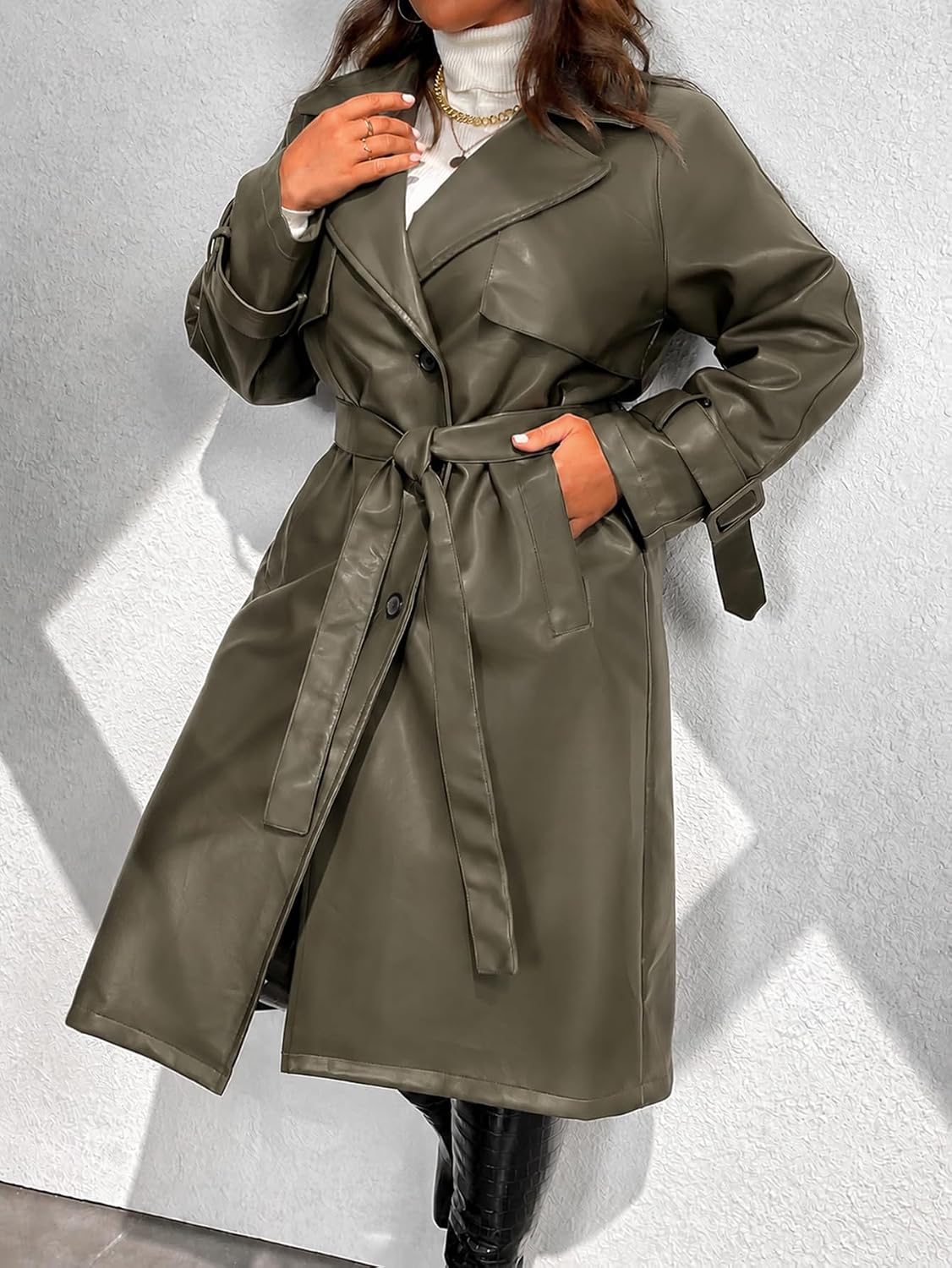 Women's Trench Coat Plus Size Faux Leather Moto Long Jacket (1X-5X) | Geschallino Windproof Shell Biker Chic Style Adjustable Tie Waist Cuff Straps Wide Lapel for Office Work and Autumn Commute