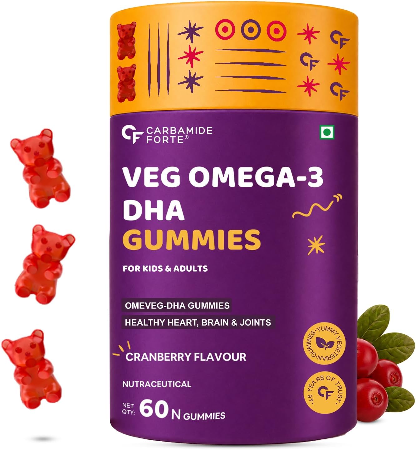 VEG OMEGA 3 GUMMIES | 250MG DHA FROM ALGAE OIL | 100% VEGETARIAN OMEGA 3 SUPPLEMENT FOR KIDS & ADULTS | FISH-FREE, BURP-FREE | CRANBERRY FLAVOUR | 60 VEG GUMMIES