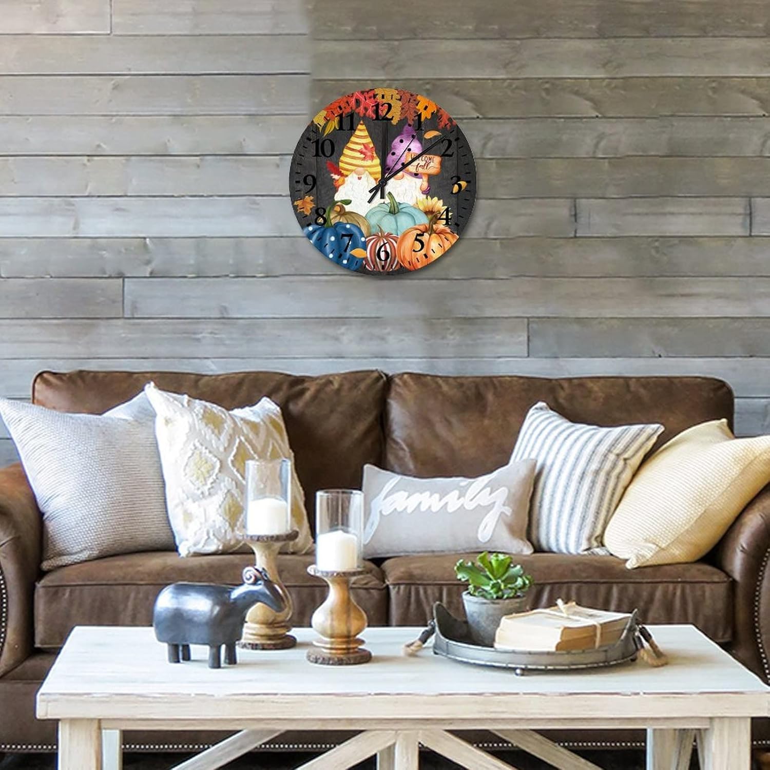Welcome Fall Gnome Pumpkins Wall Clock 12 Inch, Sunflower Maple Leaves Wall Clock Wood Quality Quartz Non Ticking Round Arabic Numbers Clock for Living Room Bedroom Kitchen Farmhouse Decor