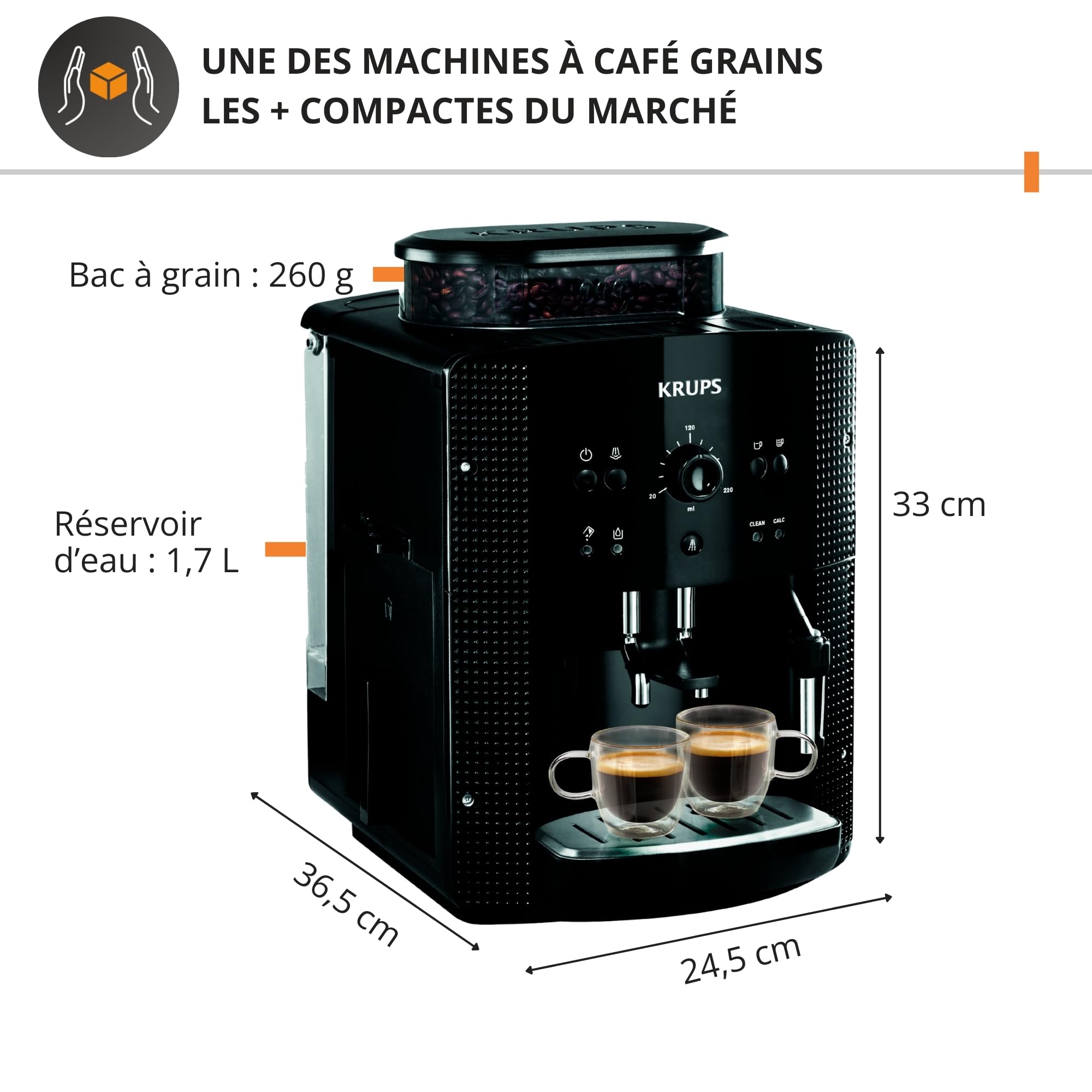 Krups Coffee Bean Machine, Espresso Machine, 2 Cups Simultaneously, Automatic Cleaning, Steam Nozzle for Cappuccino, Espresso Maker, Essential Black YY8125FD, Black - 2