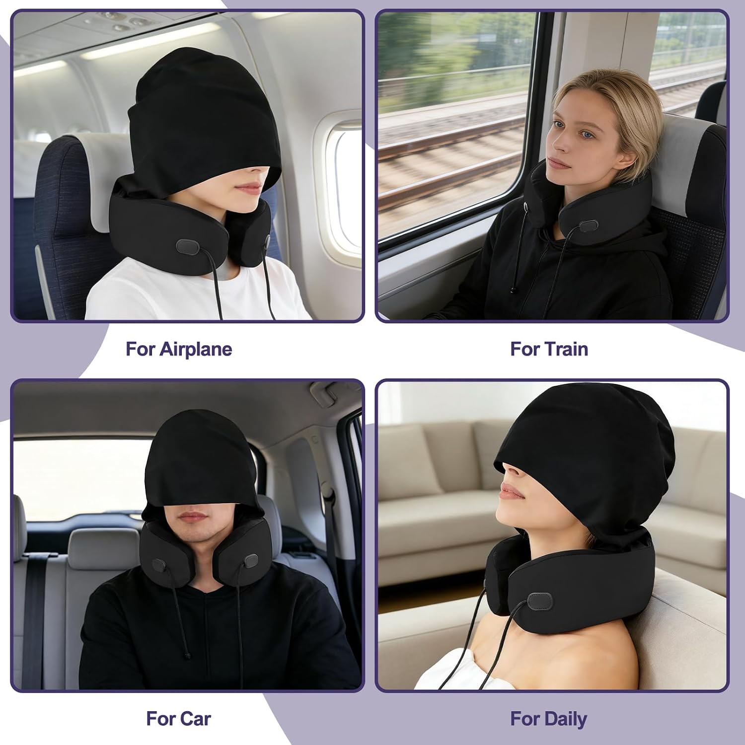 Neck Pillow for Travel, Premium Carbon-Infused Memory Foam, Cooling Fabric Pillow for Airplane, 360° Neck Support for Long Flights, Hooded Travel Pillowl for Planes, Cars and Office, Hooded, Black