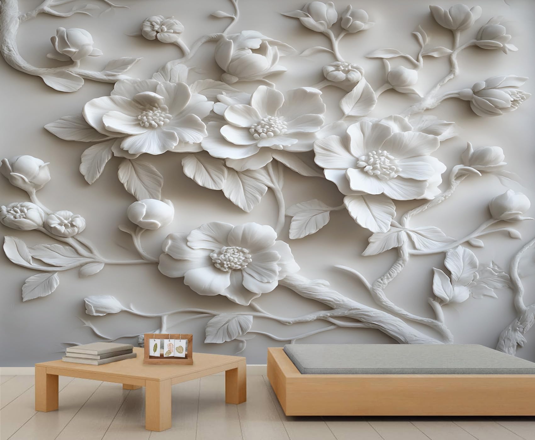 Papier peint mural floral blanc en relief 3D - Décoration murale salon et chambre 250 x 175 cm