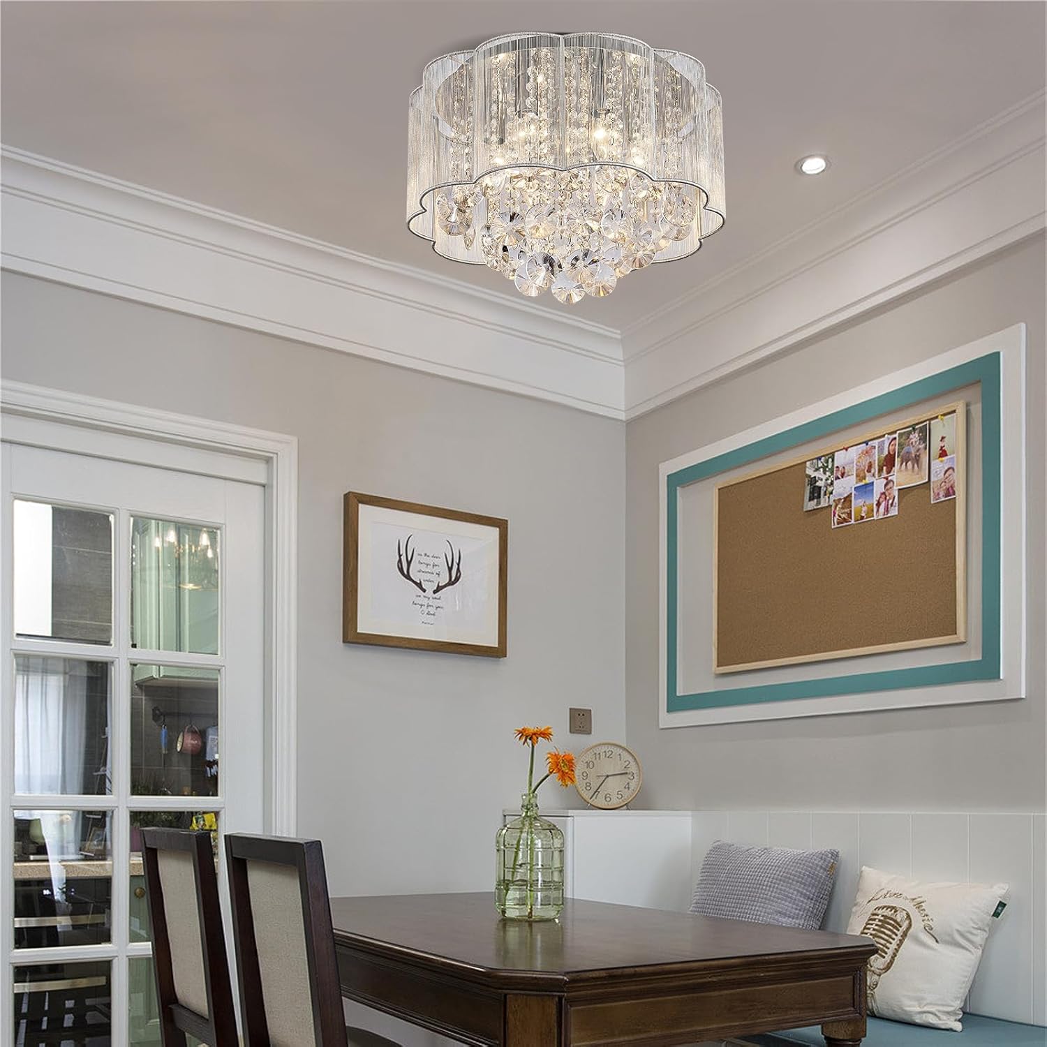 Bestier Modern Crystal Raindrop Drum Chandelier Lighting Flush Mount LED Ceiling Light Fixture Lamp for Dining Room Bathroom Bedroom Livingroom 6 E12 LED Bulbs Required Diameter 16 inch Height 12 inch