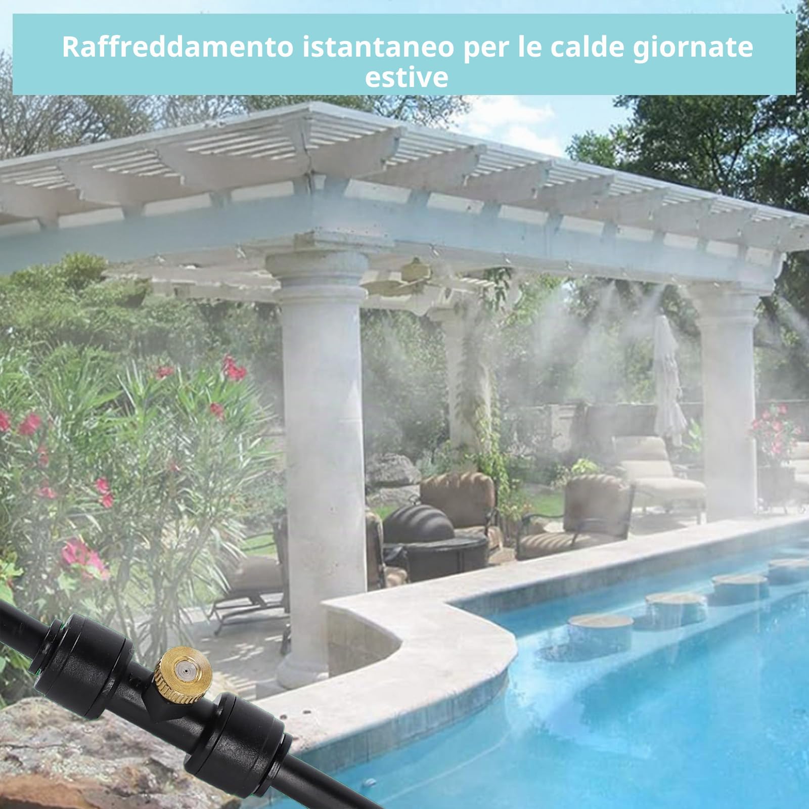Tesmotor Set di raffreddamento a nebulizzazione da 18 m, sistema di miscelazione per esterni, con 20 ugelli in ottone e un filtro, per il raffreddamento della nebbia per ombrellone da giardino