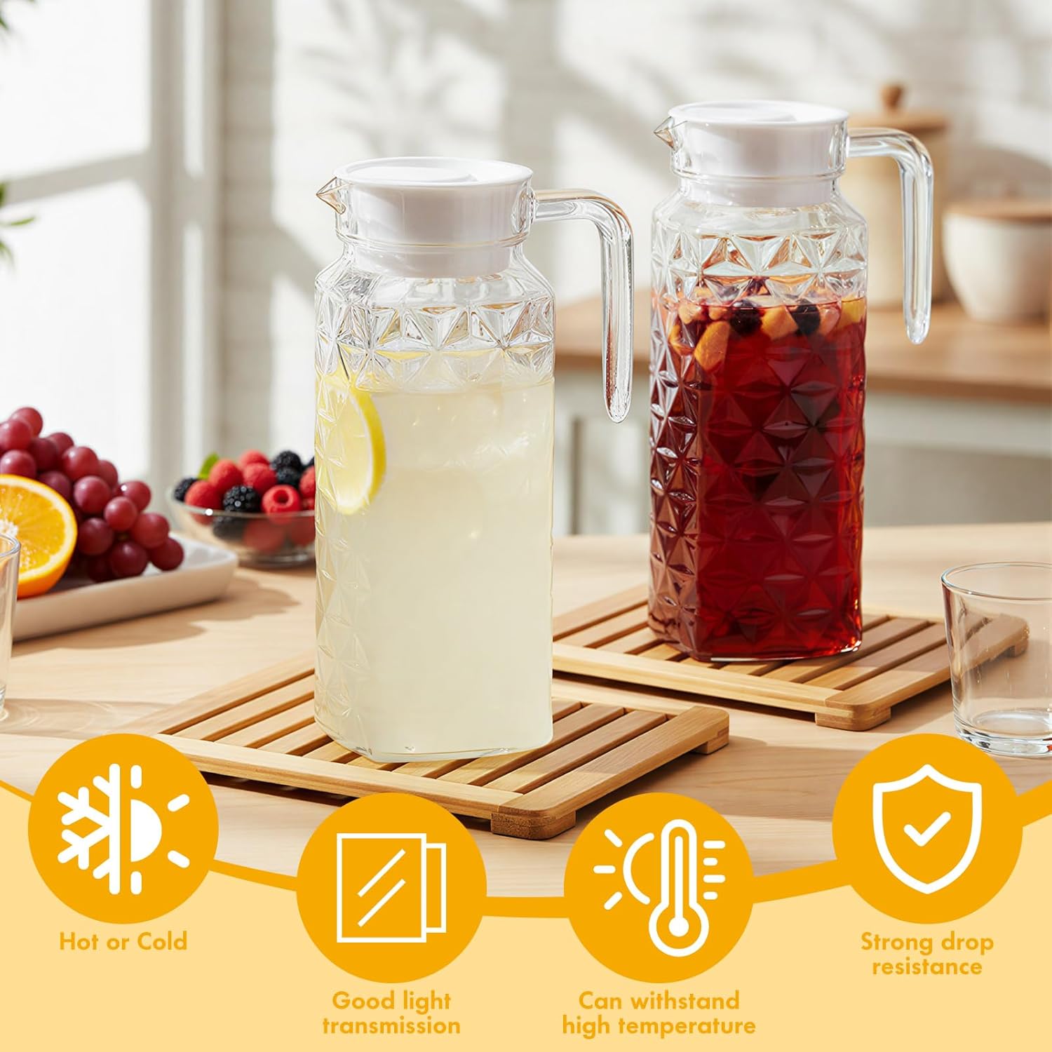 4 Pcs Acrylic Water Pitcher with Lid, Spout Handle Clear Plastic Pitcher Heat Resistant Carafe Unbreakable Beverage Container Fridge Jug for Juice Ice Tea Sangria Lemonade(37 oz,Diamond)