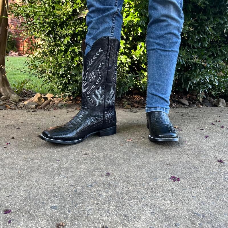 Men's Alex Exotic Caiman Python Western Cowboy Boots Square Toe Pull On Tall Shaft bota de vaquero para hombre Neck Jet Black 8 Medium