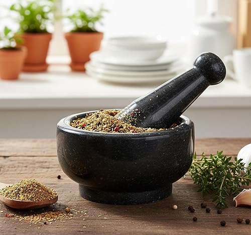 Juego de mortero y mortero de piedra natural de 5 pulgadas de diámetro como molinillo de especias, triturador de medicina - Okhli y Musal (negro)